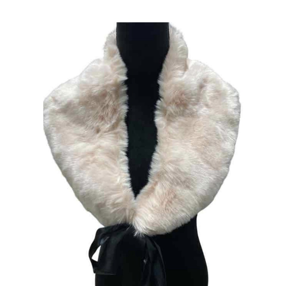 Jessica McClintock Faux Fur Collar Scarf Wrap Black Ribbon Closure Blush Pink